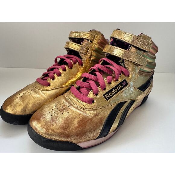 Reebok Freestyle Hi Women’s 8.5 Gold Metallic Retro High-Top Sneakers Rare - Picture 7 of 8
